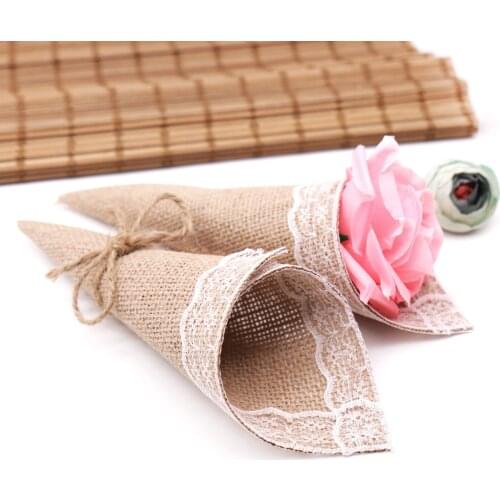 10pcs Hessian Jute Burlap Lace Fake Flower Bouquet Package Protection For DIY Engagement Wedding Party Home Garden Decoration