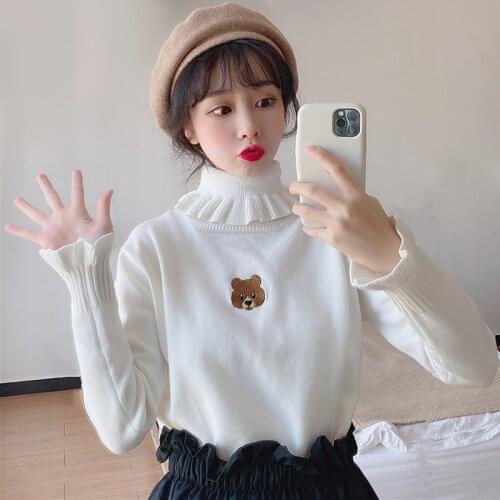 Kawaii Bear Embroidery Girls Knitted Sweater Autumn Winter Women Frilly Turtleneck Sweaters White Black Pullover Jumpers Ladies