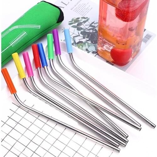 Classic Metal Straw 1set Reusable Stainless Steel Straws Straight Bent Drinking Straws with Silicone Tips for Hot Cold Beverage
