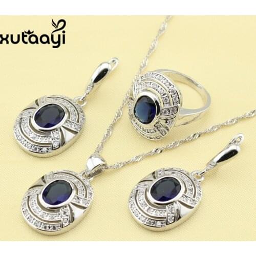 Superb Blue Cubic Zirconia White Stones, Silver colorBridal Wedding Fashion Health Jewelry Set Earrings Necklace Pendant Rings