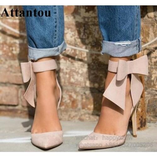 Fashion Pointed Toe Thin High Heel Suede Leather Ankle Straps Side Big Butterfly Knot High Heel Shoes Women Party Sandals
