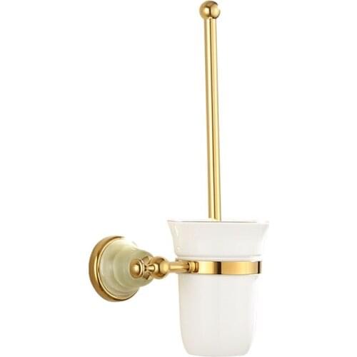 Toilet Brush Holder Set Wall Mounted Brass & Jade Brush Rack Ceramic Cup Lavatory Brush Holder Golden Bathroom Cleaning Tools