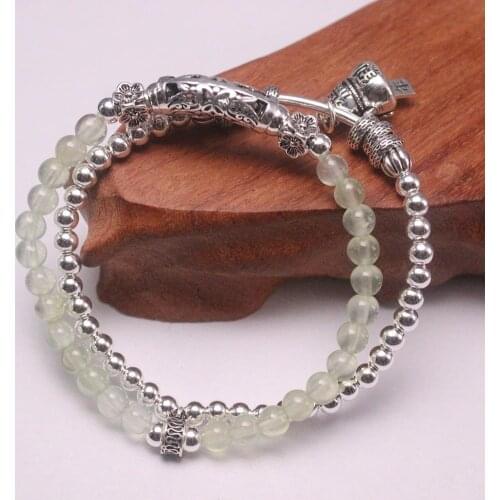 Real Silver 925 Bracelet Chain For Women Girl Silver Small Beads Prehnite Beads Lucky Bracelet Charms Cat New