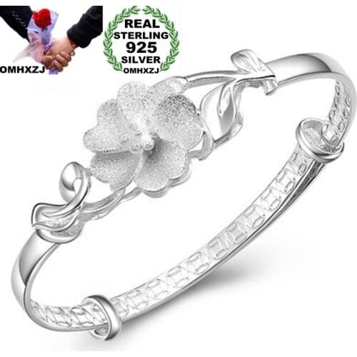 OMHXZJ Wholesale European Fashion Woman Girl Party Wedding Gift Flower Resizable 925 Sterling Silver Cuff Bangle BA08