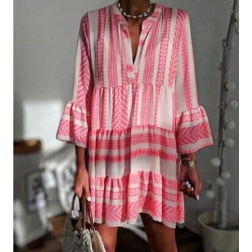 Autumn Women Dress Flare Sleeve V-Neck Mini Dress Fashion Sexy High Waist 2021 Ruffles Plus Size Bridesmaid Dress Pink Red