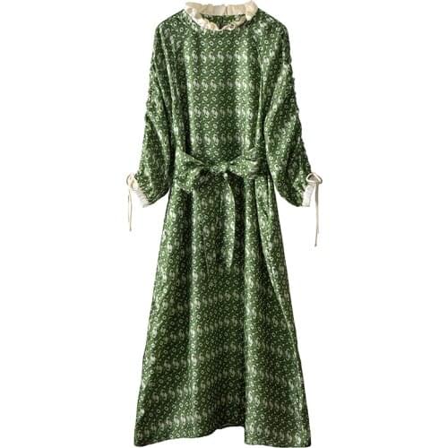 High level skin refreshing green lace collar waist real silk twill dress womens dress 20210117