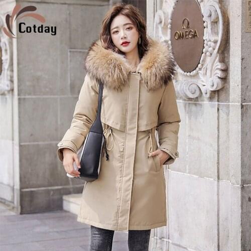 Cotday Plus Size Fashion Ladies Cotton Liner Parka Winter Women Warm Mid-Long Hooded Jackets Drawstring Zipper Slim Chic Coat
