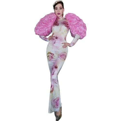 Sexy Long Spandex Sheath Evening Celebrate Dresses Puff Sleeve Stretch Birthday Party Dress Women Singer Performance Costume