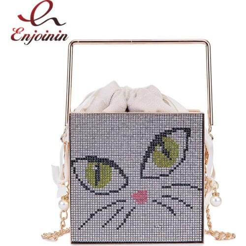 Luxury Cartoon Cat Diamond Evening Bag Women 2020 New Small Crossbody Bag Metal Handle Square Purses and Handbags Designer Bag