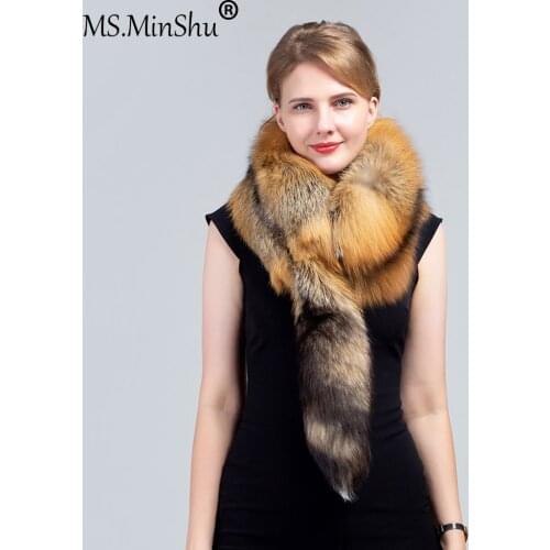 MS.MinShu Natural Fox Skin Scarf with tail Whole Fox Skin Fur Scarf for Men and Women Fox Fur Stole Real Fox Fur Wrap