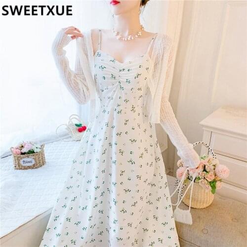 SWEETXUE Women 2021 Summer French Suspender Dress Chiffon Floral Dress + Sun Protection Shirt Casual Bohemian Holiday Female