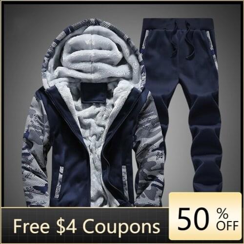 Tracksuit Men Winter Camouflage Hoodies Casual Hooded Warm Sweatshirts Thick Fleece 2PC Jacket+Pant Men Moleton Masculino M-4XL
