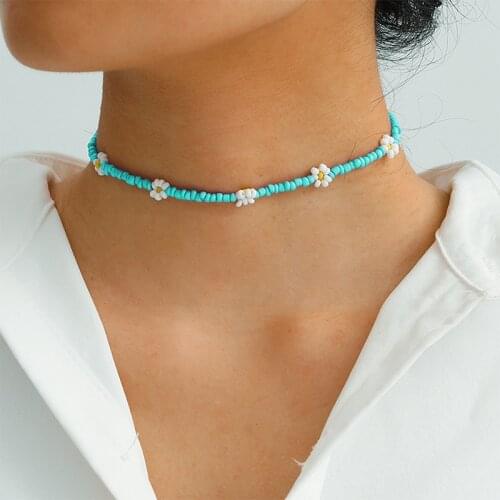 Colorful Beaded Charm Statement Short Choker Necklace Lovely Daisy Flowers for Women New Korea Vacation Jewelry