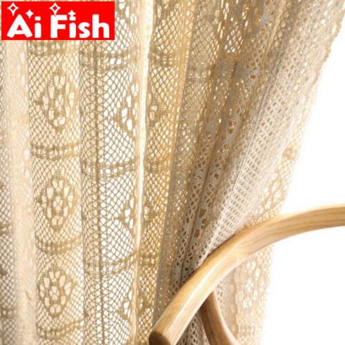 Retro Beige Crochet Lace Hollow Crochet Flower Sheer Curtain For Living Room American Rustic White Handmade Curtain Tulle M181#4