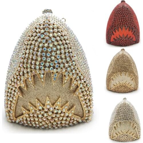 Shark Shape Diamond Women Clutch Bag New Arrival Blue/Red/Gold 5 Colors Lady Rhinestone Crystal Shoulder Handabgs Chain Wedding