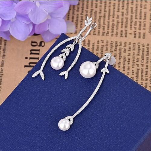 Fashion Creative Tree Leaf Asymmetric Ab Style Crystal Petals Pearl Earrings Women Party Jewelry Zk30