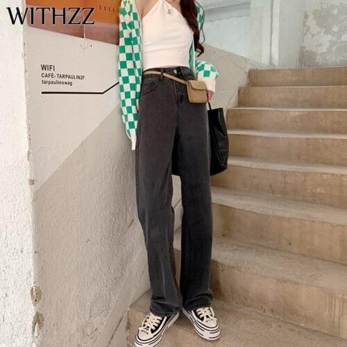 WITHZZ Spring Autumn Female High-waist Black Denim Straight-leg Pants Women Jeans