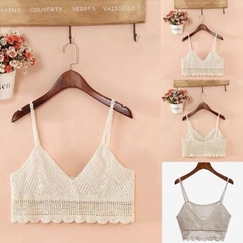 Women Summer Crochet Knitted Bikini Crop Top Bohemian Style Spaghetti Strap Camisole Sexy V-Neck Backless Slim Vest Beach Vest