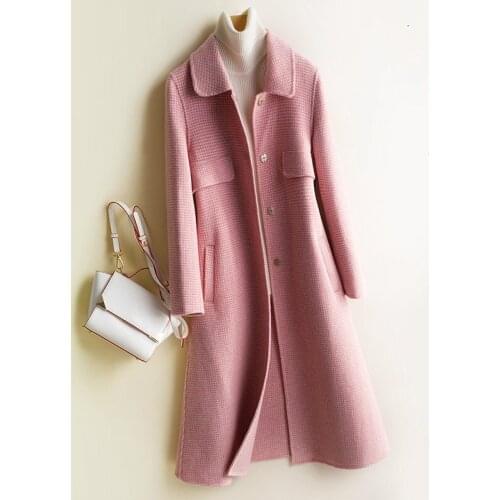 Pop New Autumn Winter Plaid Long Cashmere Jacket Elegant 100% Wool Coat Women Fashion Ladies Slim Coats A071