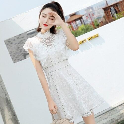 White lace 2020 new French retro short dress female summer Office Lady Polyester Lace Solid Sleeveless Zippers