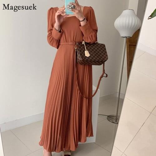 Sqaure Collar Elegant Pleated Chiffon Dress Woman Spring Korean Casual Long Dress Female Party Dresses Vestidos with Belt 12801