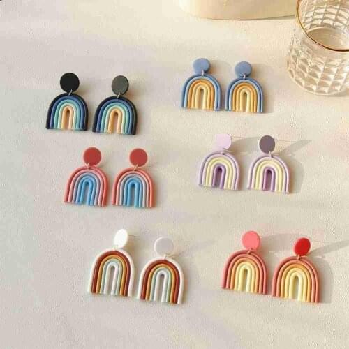 2021 Korean Fashion Rainbow Clay Earrings Macaron Color Round Geometric Dangle Drop Women Trendy U Shape Cute Earrings Jewelry