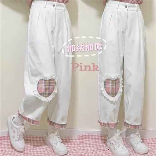Harajuku Kawaii Wild Cute Soft Sister Corduroy Pants Japanese Straight Leg Pants Woman Velvet Teen Girls Love Heart Patch Pants