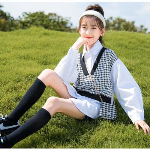 Childrens Shirt Plaid Vest White Shirt Fake Two Pieces Blouse for Girls Autumn Teenagers Clothes Long Sleeve Kids Tops Clothes