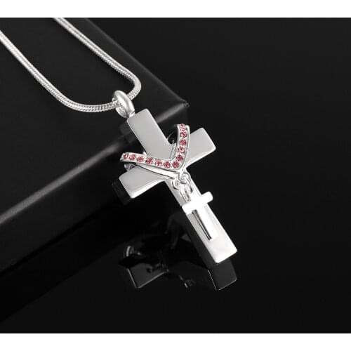 DIY Double Cross Cremation Jewelry Pendant Necklace, Charm Pink Crystal Memorial Ash Keepsake Pendant Necklace Unisex