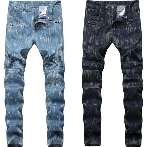 Mens high quality Biker&Motor retro blue jeans slimming distressed denim pants elastic casual jeans pants men