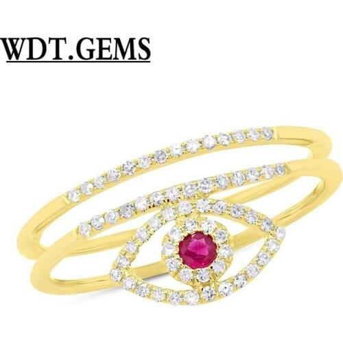 0.24 tcw 10K Yellow Gold All Seeing Eye Ruby Diamond Ring Statement Dainty
