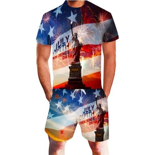 64# Summer Mens Sets Casual Fashion American Flag 3d Printing Short Sleeve T-shirt Shorts Mens Sets Independence Day Jogging