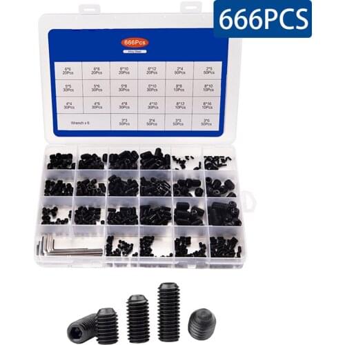 666PCS/Box Set Screw Cup Point Grub Screw M2 M3 M4 M5 M6 M8 Hex Socket Set Screws Hexagon Headless Set Screw Carbon Steel