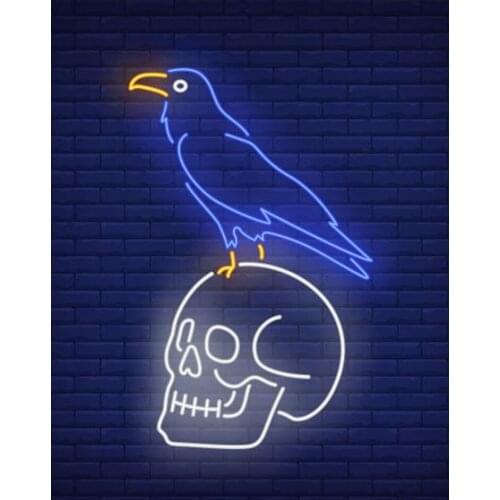 Neon Sign For Crow Sitting On Human Lamp Skull beer bar glass tubes neon bulbs sign decorate light tattoo DISPLAY Impact Attract