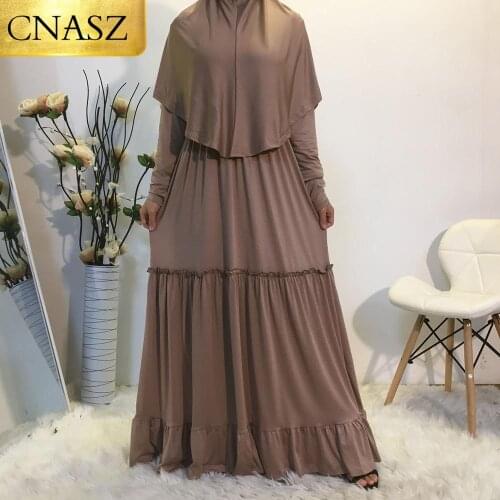 Latest Simple Plain Color Design Muslim Long Dress With Hijab Scarf Islamic Turkey Clothing Women Prayer Dresses For Ladies