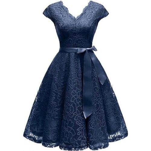 V-Neck Lace Knee-Length Womens Dresses With Short Sleeves Dress For Women Dress Female Vestidos New Arrival Chic Cheapest Price
