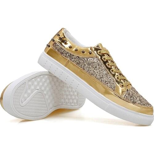 Hot Women Shoes Gold Sneakers Shining Fashion Trainers Men Shoes Couple Casual Lace-Up Tenis Feminino Crystal Womens Sneakers