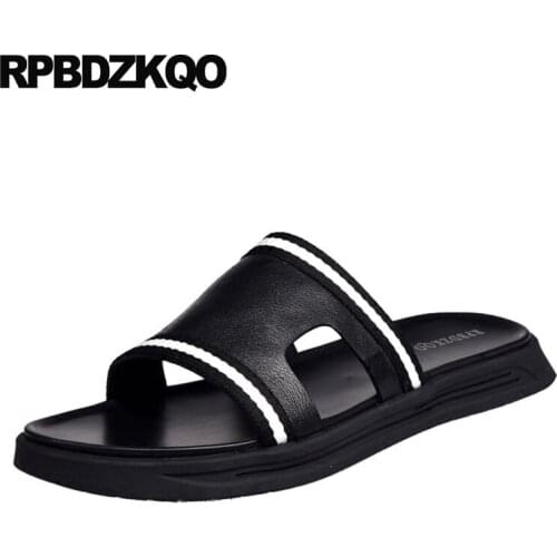 Slides sandals striped slip on designer shoes men high quality slippers italian black 2019 summer leather open toe outdoor soft
