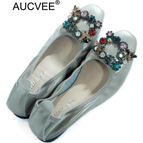 2021 Genuine Leather Single Shoes Woman Shallow Mouth Crystal Ladies Loafers Spring Autumn Female Ballet Flats Shoes Big Size 43