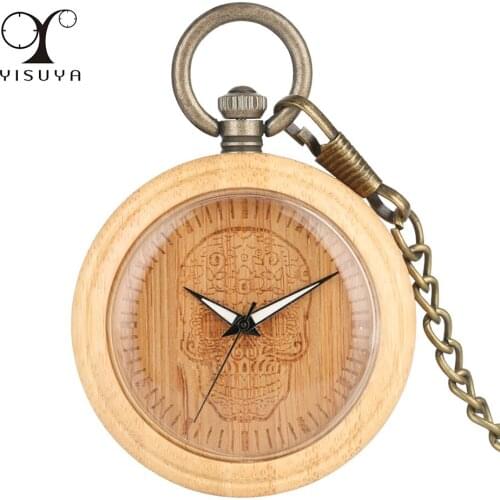 Punk Flower Skull Bamboo Wood Pocket Watch Quartz Bronze Chain Open Face Wooden Pendant Timepiece Vintage Natural Pocket Clock