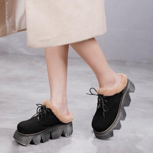 YourSeason Ladies Warm Plush Slippers 2021 Winter Handmade Platform Casual Women Genuine Leather Wedges Shoes