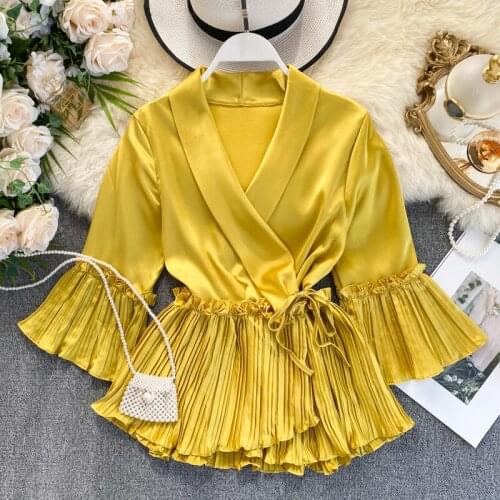 New Women Elegant Pleated Blouse Spring Summer Sexy V Neck Half Sleeve Ruffles Bandage Shirts Ladies Korean Bandage Tops