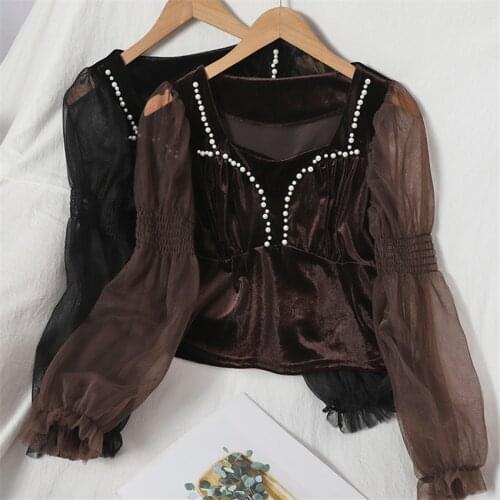 New Autumn Casual Women Mesh Blouse Girl Gold Velvet Shirt Spring Flare Sleeve Lace Blousas Basic Tops Pullover Bottoming WZ1452