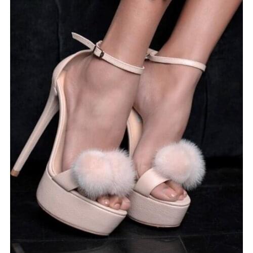 Sexy Pom Pom Embellished Open Toe Platform Woman Sandal Summer PartyThin Heels Ankle Strap Gladaitor Shoes Super High Shoes