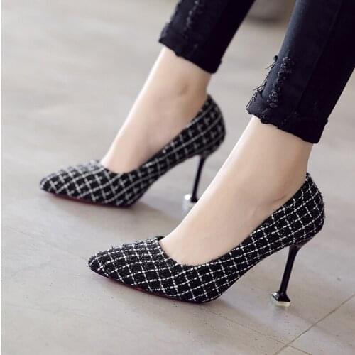 Women Dress Shoes Tweed Pumps Supper High Heels Ladies Shoes Ol Office Lady Shoes Plaid Wool Basic Pumps zapatos mujer N7798G