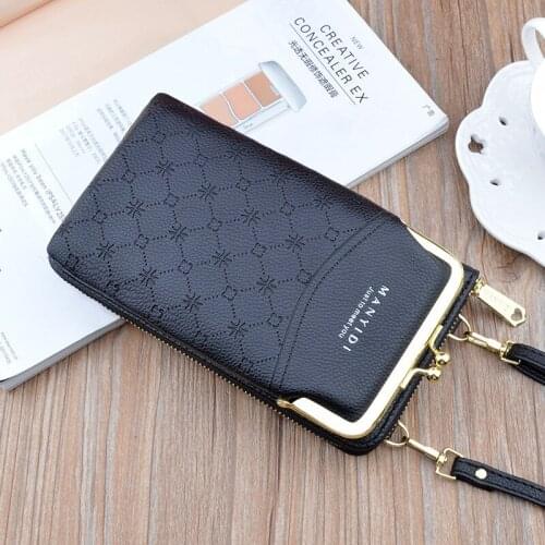 Women Vertical Style Double Layer Zipper Leather Wallet Hand Mobile Phone Case Should Bag
