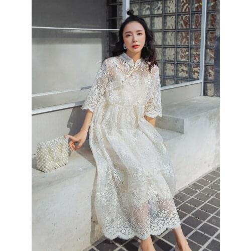 Vintage Women Lace Dress Sexy Hollow Out Half Sleeve Chinese Style 2 Pieces Set 2019 Summer Vestido Plus Size Clothing