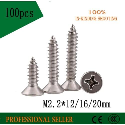 100pcs M2.2*12/16/20mm 304 Stainless Steel M2.2 Countersunk Cross Head Self Tapping Screws GB846
