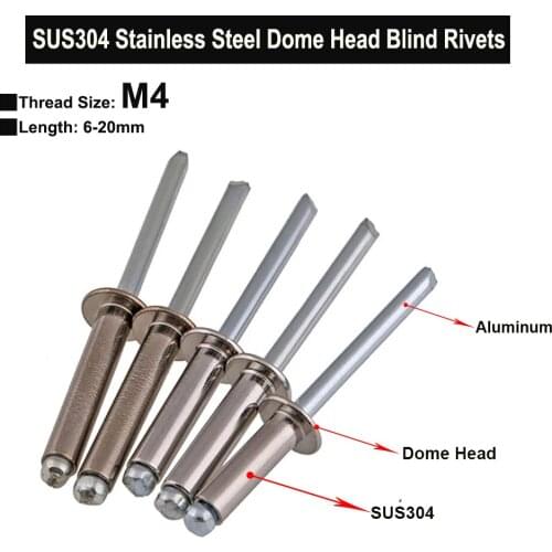 20Pcs SUS304 Stainless Steel and Aluminum Core Blind Rivet, Pull Nails Tool Round Head Self-plugging Rivet M4 Length 6-20mm
