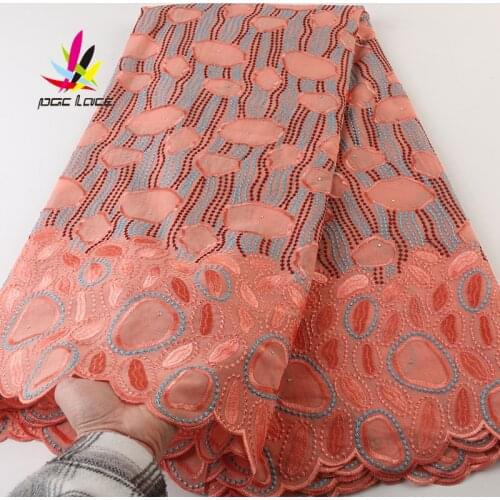2021 Nigerian African Lace Fabrics High Quality Peach Cotton Lace Fabric With Stones Swiss Voile Lace In Switzerland XZ2759B-1